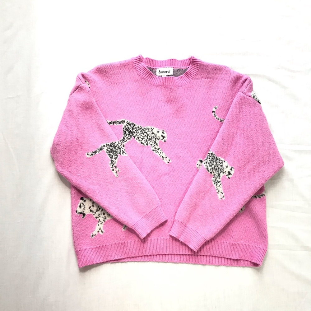 Pink Cheetah Leopard Motif Knit Crewneck Sweater - S - Playful Winter Whimsy